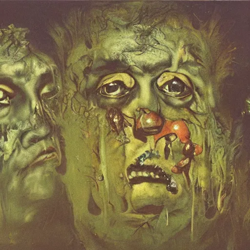 Image similar to landscape of Multiple faces all melting into one, horror, Francisco Goya and Francis Bacon painting. Andy Warhol and Beksiński masterpiece