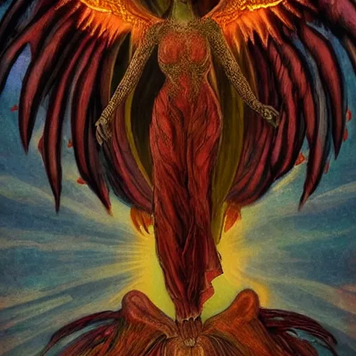 Image similar to giant imposing seraphim with many eyes and many wings, glowing, terrifying