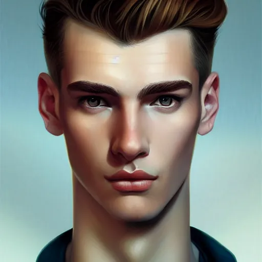 Image similar to tall man in his twenties with brown blond short quiff hair and round facial structure with cleft chin, straight eyebrows, cheekbones, big hazel nut brown eyes, atmospheric lighting, painted, intricate, 4 k, highly detailed by charlie bowater