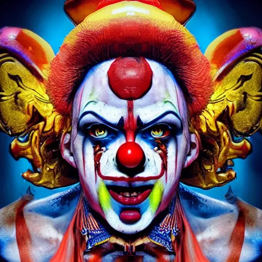 Image similar to 4K headshot of godlike clown with defined arms and open hands and bloody clothes with giant mandala wings , intricate clown face make-up , flawless anime cel animation by Kentaro Miura, psychedelic , highly detailed upper body , professionally post-processed , beautiful, scary, symmetry accurate features, epic, octane rendered, anime masterpiece, accurate