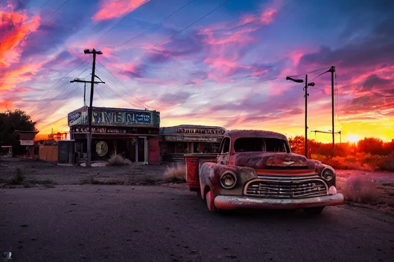 Image similar to a sunset light landscape with historical route 6 6, lots of sparkling details and sun ray ’ s, blinding backlight, smoke, volumetric lighting, colorful, octane, 3 5 mm, abandoned gas station, old rusty pickup - truck, beautiful epic colored reflections, very colorful heavenly, softlight