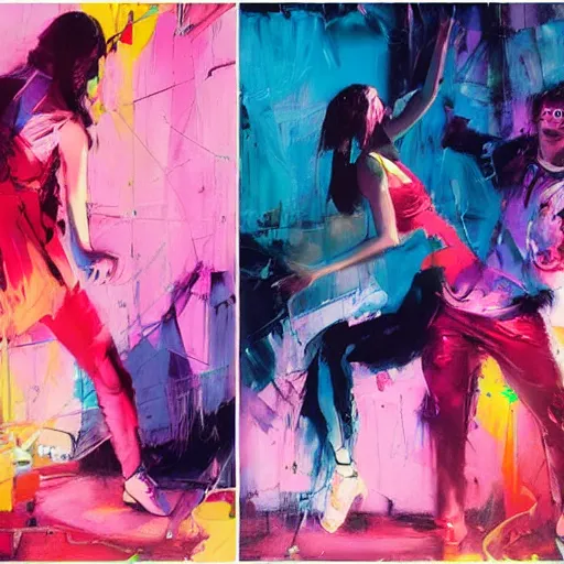 Prompt: portrait of two grils dancing, ecstatic, wonderfull techno party, bright vibrant colors, shades of pink and blue, utopia, by by greg rutkowski, by jeremy mann, by francoise nielly