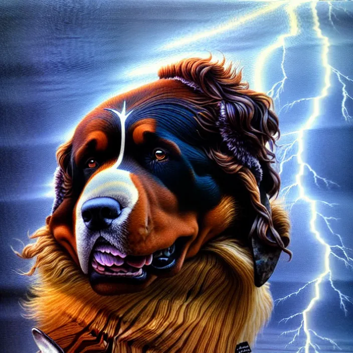 Image similar to a male human - bernese mountain dog hybrid as zeus, shooting lightning bolts from his paws, by greg rutkowski and alex grey, intricate details, artstation, furry, psychedelic, hd, beautiful