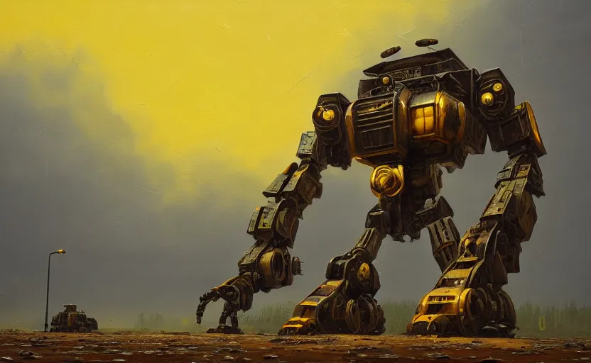 Image similar to an intricate oil painting of a giant armored plated metal mecha by simon stalenhag, rust, yellow and black trim, trending on artstation