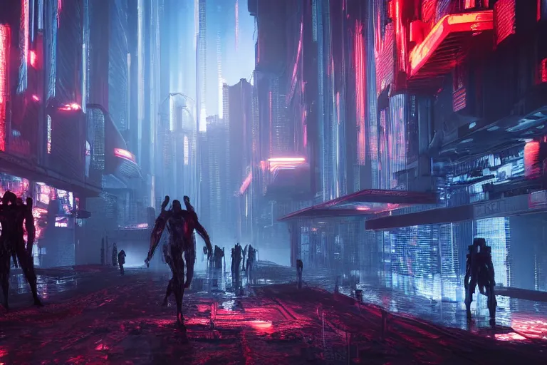 Prompt: cyberpunk landscape of hell with people suffering and ghost, futuristic look, highly detailed body, very powerful, photorealistic camera shot, bright studio setting, studio lighting, crisp quality and light reflections, unreal engine 5 quality render