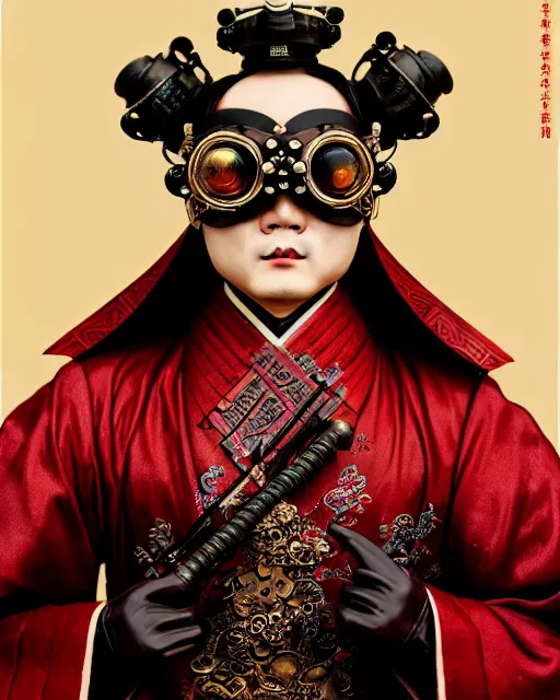 Image similar to photo of a Dramatic Peking Opera male character wearing MadMax style steampunk goggles and accessories in the style of stefan kostic, realistic, sharp focus, symmetric, 8k high definition, insanely detailed, intricate, elegant, art by stanley lau and artgerm, William-Adolphe Bouguereau