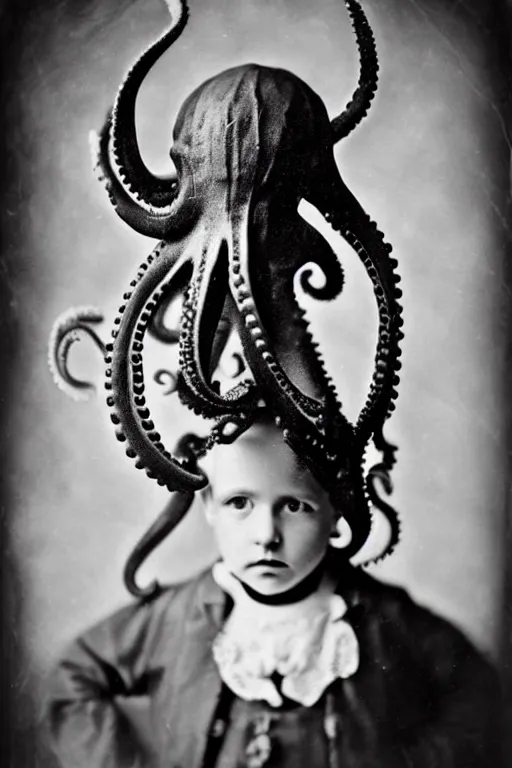 Image similar to wet plate photograph portrait of victorian octopus child with an octopus head, dressed in a victorian - era clothing, entire head is an octopus, dramatic lighting, highly detailed, smooth, sharp focus