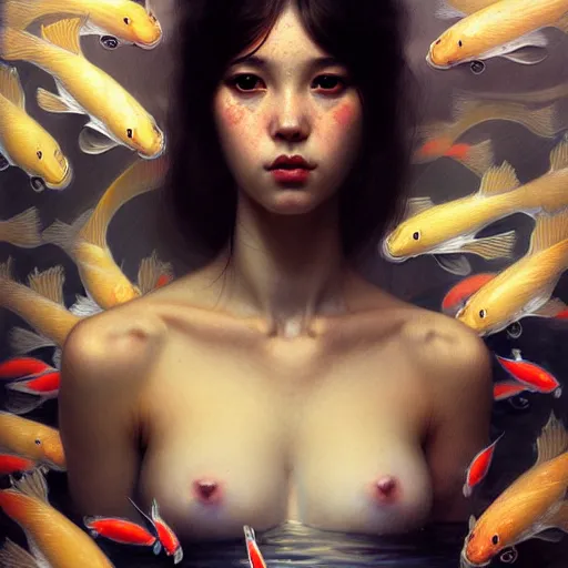 Image similar to Portrait of a girl surrounded by Koi fish, face, fantasy, intricate, elegant, highly detailed, digital painting, artstation, concept art, smooth, sharp focus, illustration, art by Heady Tale and Artem Demura and Norman Rockwell