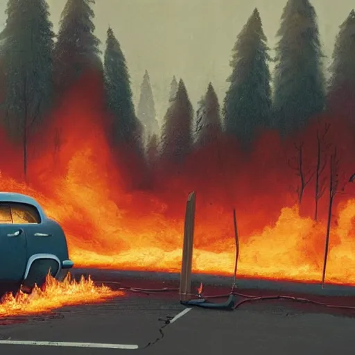 Image similar to the burnt frame of a car on fire on the side of the road in wither, by simon stalenhag