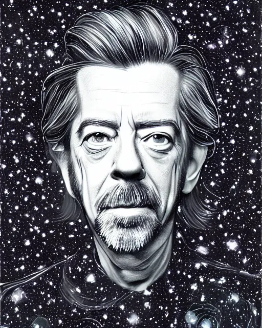 Image similar to alan watts floating in the universe portrait painting highly detailed procreate, featured on artstation