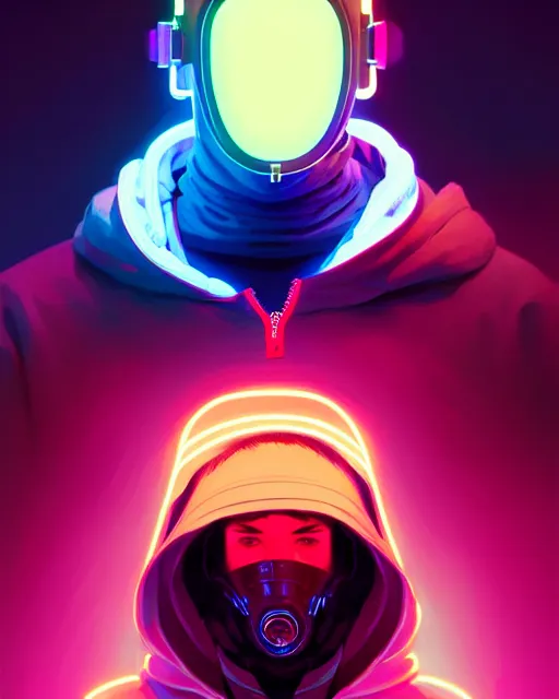 Image similar to cyberpunk synth, hyper - realistic detailed portrait of a man in a hoodie, with neon visor mask, dynamic pose, by atey ghailan, by greg rutkowski, by greg tocchini, by james gilleard, by joe fenton, by kaethe butcher, sharp focus