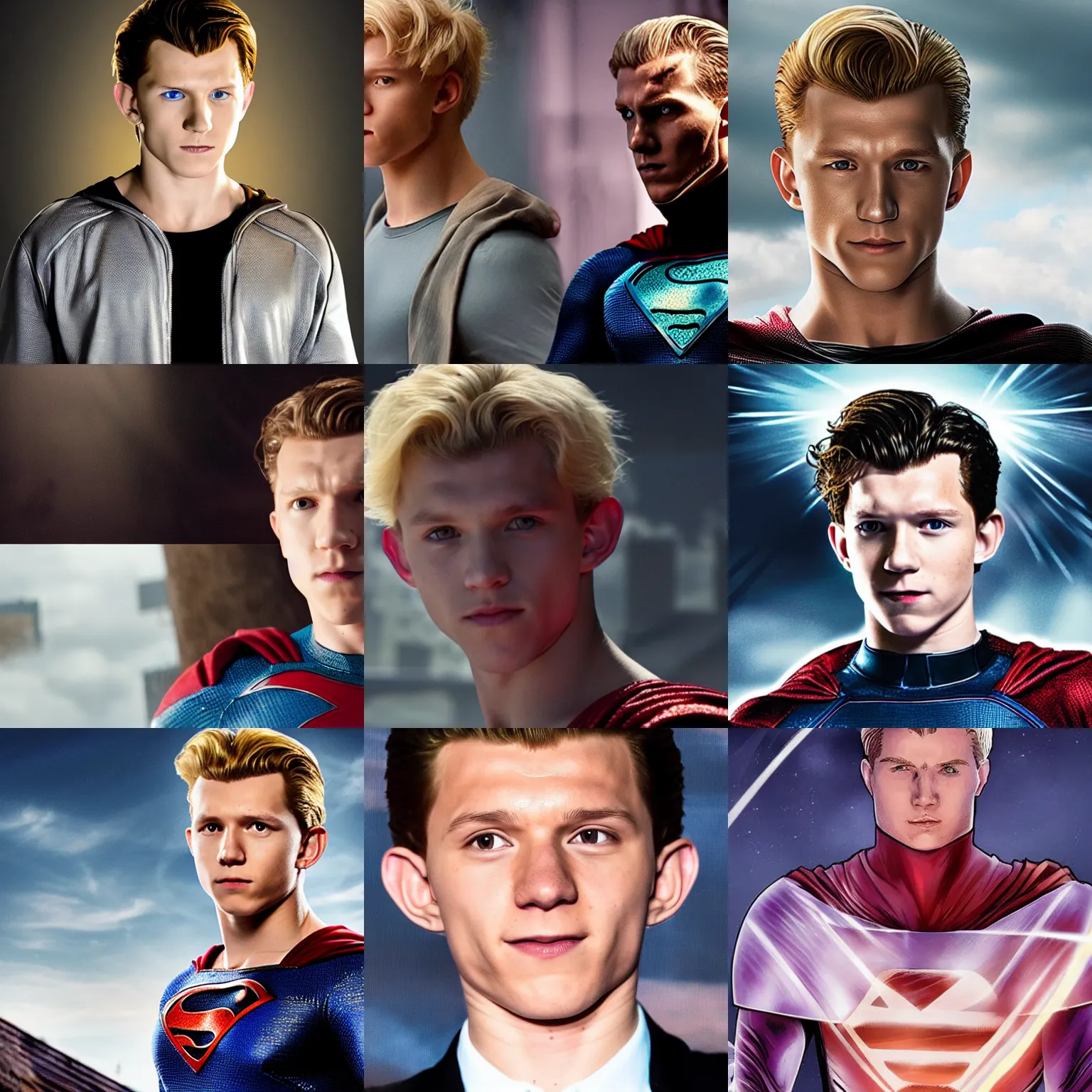Prompt: tom holland as an evil blond superman