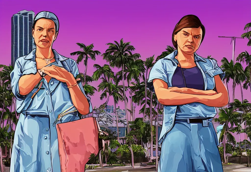 Prompt: saint mary mackillop in grand theft auto loading screen, gta art style, illustration, beach, miami, vice city