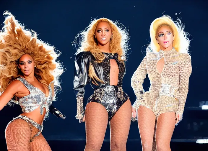 Prompt: beyonce and lady gaga perform together at a concert, ( eos 5 ds r, iso 1 0 0, f / 8, 1 / 1 2 5, 8 4 mm, postprocessed, crisp face, facial features )