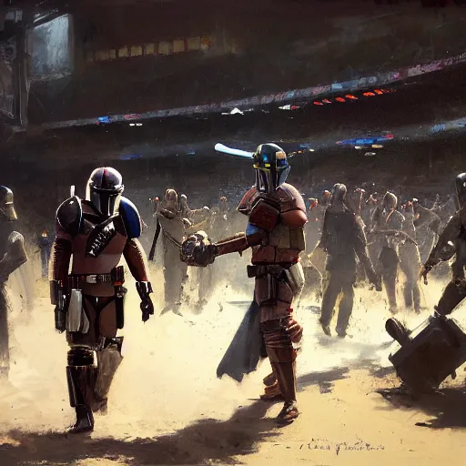 Image similar to the mandalorian, baseball game setting, by craig mullins, jeremy mann, jeremy mann.