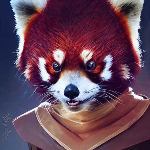 Image similar to red panda as female doctor character, digital illustration portrait design, by android jones and greg rutkowski, retrowave color scheme, detailed, cinematic lighting, wide angle action dynamic portrait