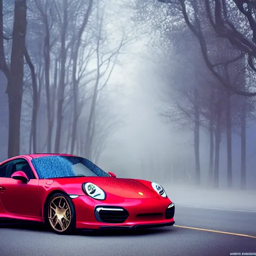 Image similar to parked red Porsche 911 Turbo car, fog, rain, volumetric lighting, beautiful, golden hour, sharp focus, highly detailed, cgsociety