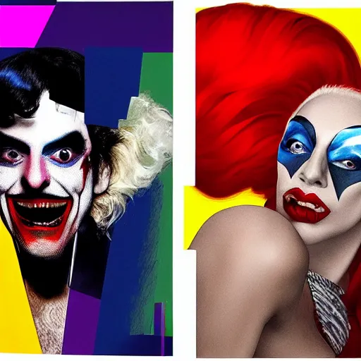 Image similar to richard hamilton and mimmo rottela as lady gaga harley queen and joaquin phoenix joker kissing, pop art, medium long shot, 2 color, random content position, hyper detailed content, dynamic composition, 4 k, ultra realistic art, smooth, sharp focus, illustration, concept art, intricate details, h 7 6 8