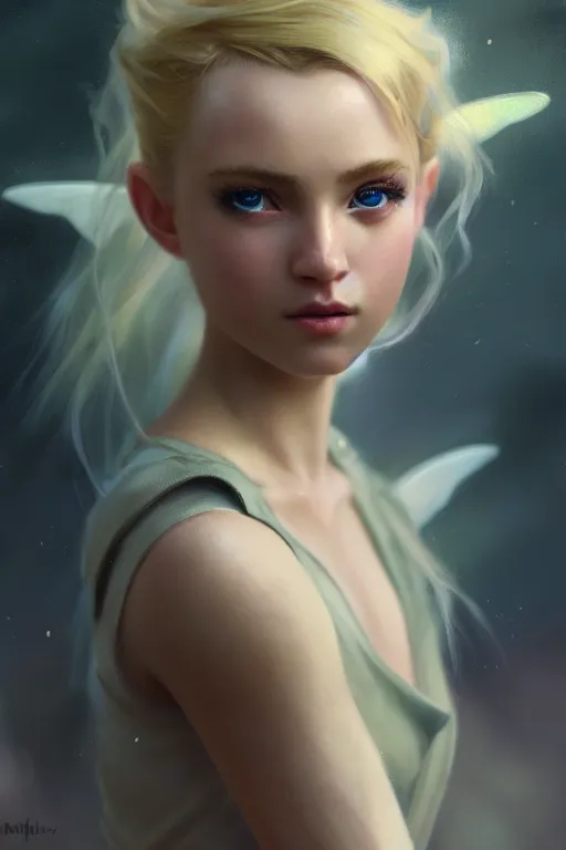 Image similar to cinematic shot of an epic portrait of a cute blonde fairy dressed in military clothes, stylised military clothes, shiny skin, beautiful eyes, beautiful, small details, night setting, realistic poster with volumetric light from jeremy lipkin and michael garmash, craig mallism, artgerm, unreal engine, radiant light, digital art, trends at art station, a masterpiece