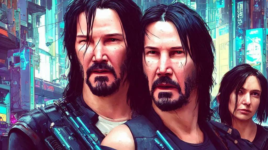 Prompt: a cyberpunk 2077 srcreenshot couple portrait of a Keanu Reeves a female androids in hug,love,film lighting,by Laurie Greasley,Lawrence Alma-Tadema,Dan Mumford,John Wick,Speed,Replicas,artstation,deviantart,FAN ART,full of color,Digital painting,face enhance,highly detailed,8K,octane,golden ratio,cinematic lighting