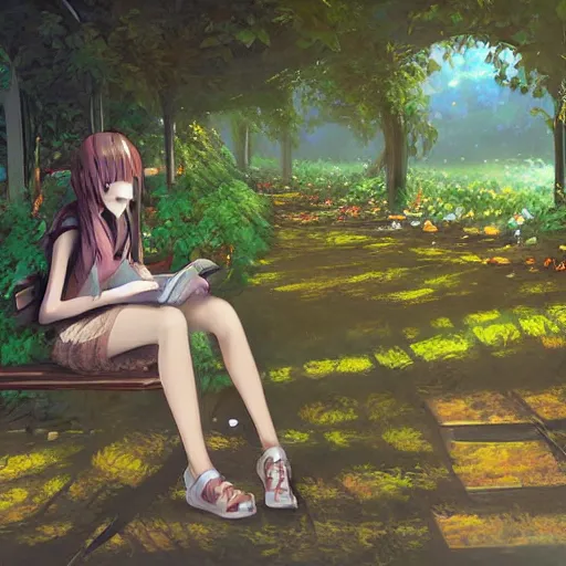 Image similar to advanced digital art. A beautiful girl is sitting on a bench reading in an abandoned train station overgrown with vines and flowers. Digital Anime painting. Sakimichan, WLOP, RossDraws, pixivs, Makoto Shinkai. —H 2160