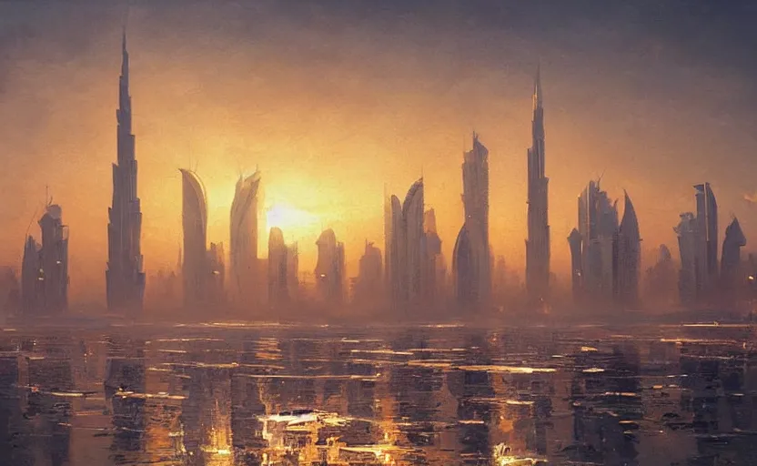 Image similar to oil painting of dubai skyline at sunset, natural light, concept art, by greg rutkowski, cozy atmospheric and cinematic lighting