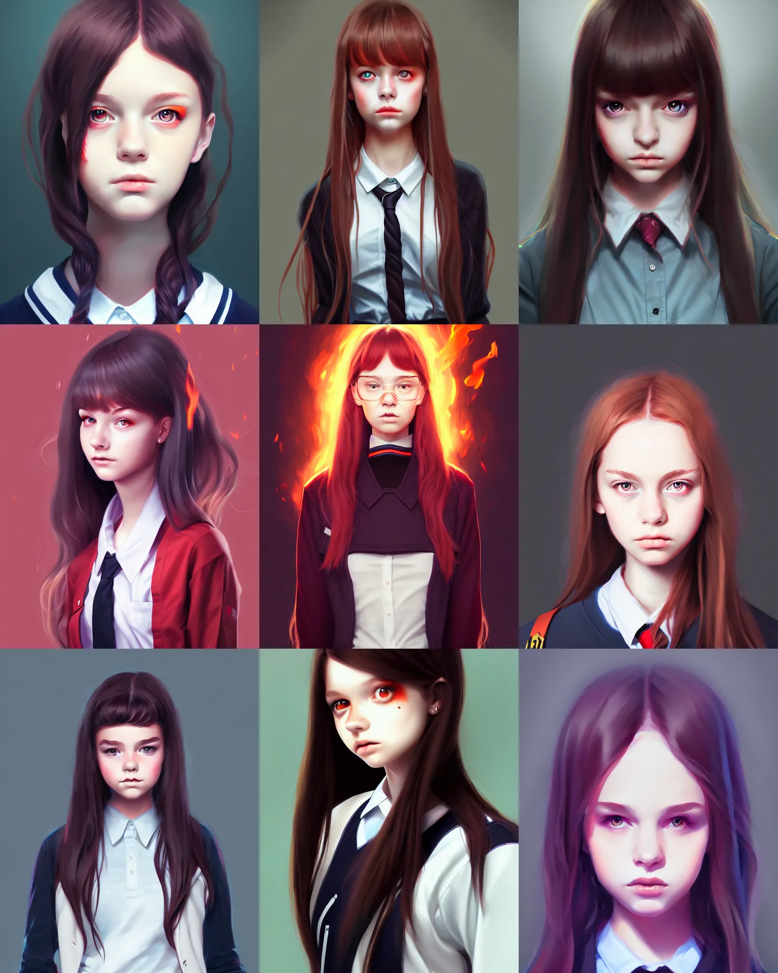 Prompt: portrait, attractive young teen girl, dark school student uniform, fire magic, digital painting, trending on artstation, illustration, art by WLOP