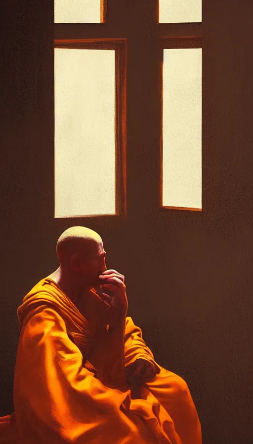 Prompt: space monk sitting by a window, orange robe, dramatic lighting, artstation, matte painting, johannes vermeer