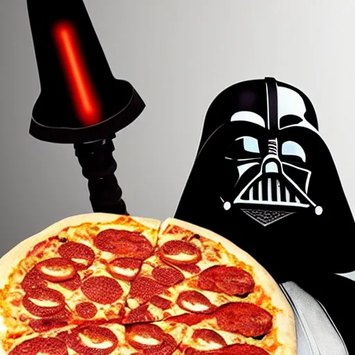 Prompt: darth vader cuts his pizza with a light saber