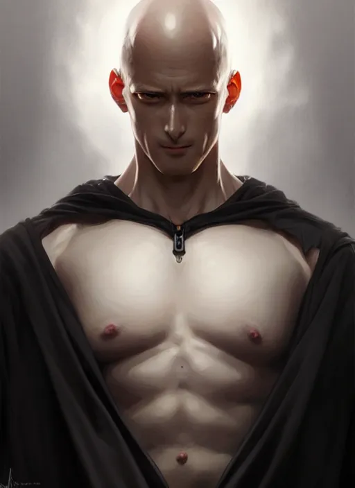 Image similar to ultra realistic illustration, handsome saitama. intricate, elegant, highly detailed, black cape, digital painting, artstation, concept art, smooth, sharp focus, illustration, art by artgerm and greg rutkowski and alphonse mucha and wlop