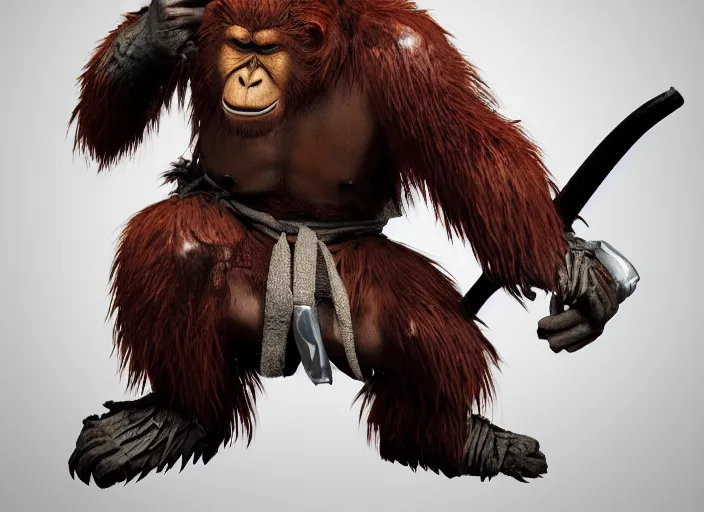 Prompt: extremely scary angry tough rough looking samurai orangutan. japanese warrior character, scary, gruffness, interesting 3 d character concept by square enix, in the style of league of legends, hyper detailed, cinematic, final fantasy, character concept, ray tracing, fur details, maya, c 4 d, artstation