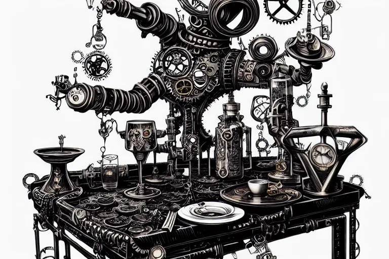 Image similar to steampunk alchemist ornate table, furniture, high details, bold line art, by vincent di fate and joe fenton, inking, etching, screen print, masterpiece, trending on artstation, sharp, high contrast, hd, 4 k, 8 k