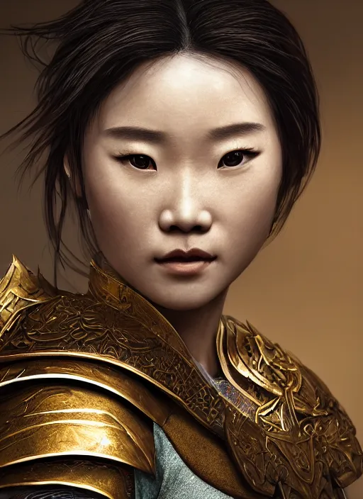 Prompt: realistic detailed painting of Mulan wearing sculpted textured armor, intricate complexity, close-up of the front of the face, super sophisticated texture, resolute expression, by Guweiz, split lighting, 4K resolution, symmetric, clear facial features, golden ratio, Kojima, Amano, Charlie Bowater, Karol Bak, rich deep colors, Unreal Engine 5