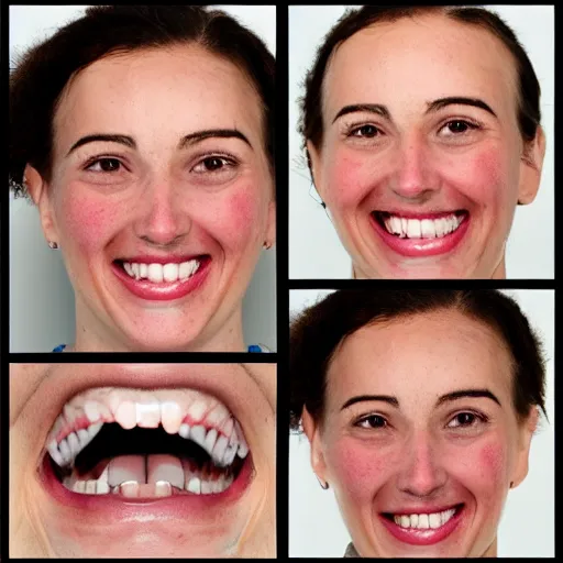 Prompt: a freckled woman with receding gums smiling in her mugshot, low quality, three different angles,