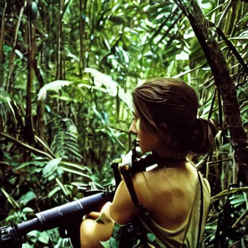 Image similar to film still, close up, portrait, emma watson soldier hiking through dense vietnam jungle, kodak ektachrome 1 9 7 3,