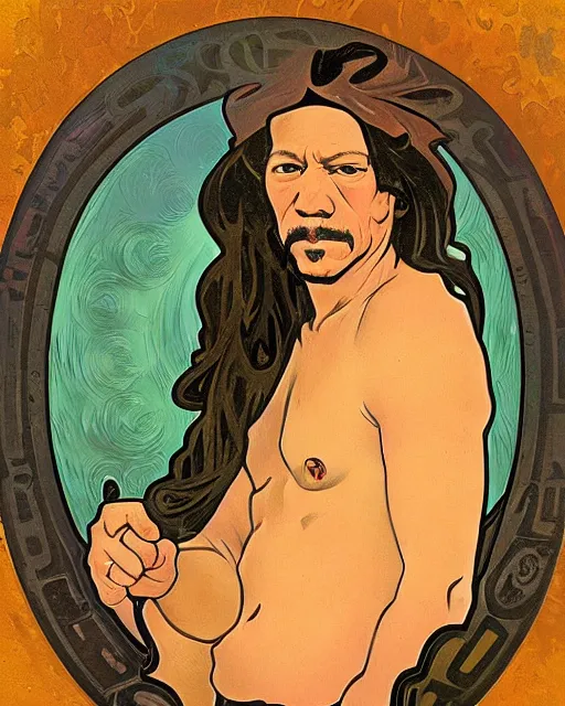 Prompt: a portrait painting of ( ( ( danny trejo ) ) ) in the style of alphonse mucha!!!