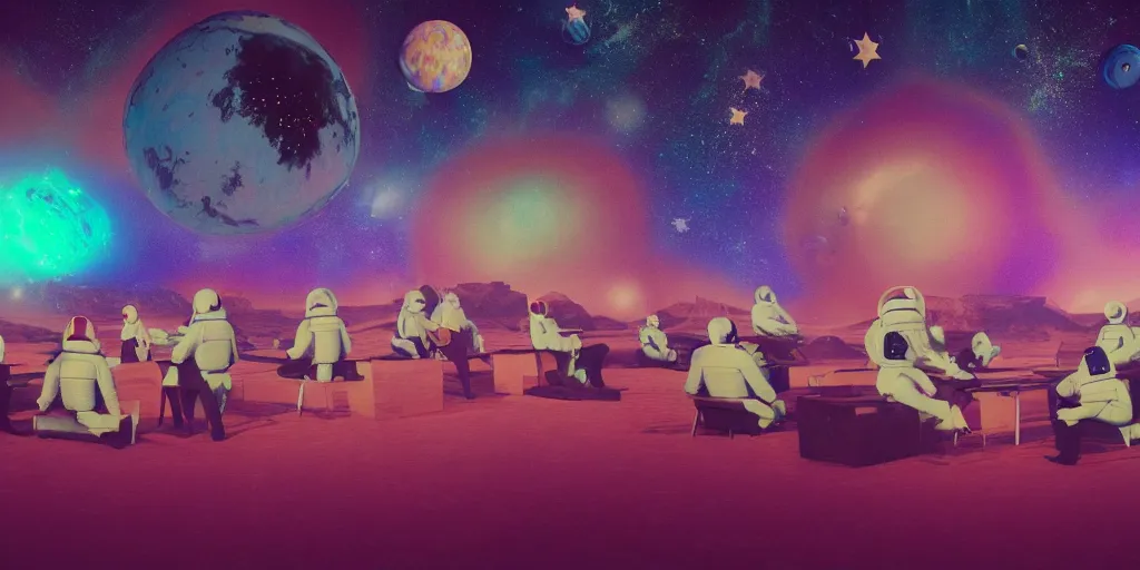 Image similar to twelve cosmonauts sitting by the river with a big holiday cake + octane render + ue 5 + planets and stars + mystical fog + psychedelic colors + trippy colors + super detail, high quality