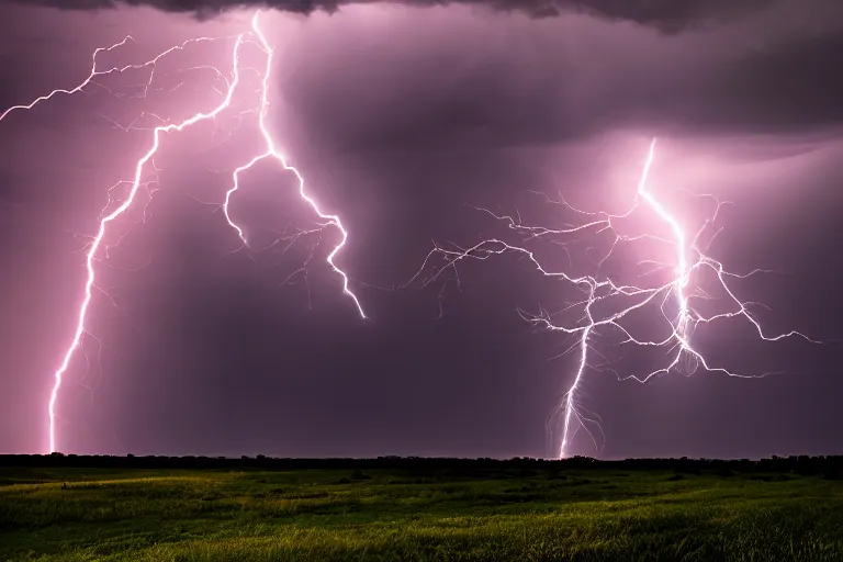 Image similar to a photograph of a tornado, thunderstorm, lightning bolts, illuminated from various angles by the setting sun, cinematic, dramatic lighting, mystic hue