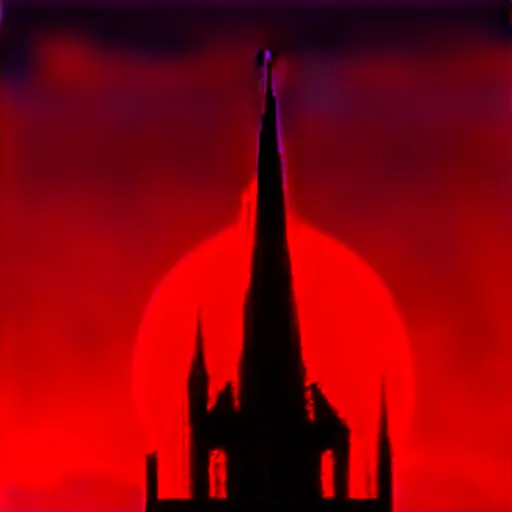 Image similar to gothic building under red sun eclipse from berserk