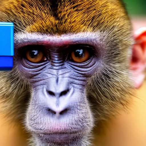 Image similar to photograph of a monkey showing a blue pen towards the camera, 4 k, full hd, highly detailed, close up