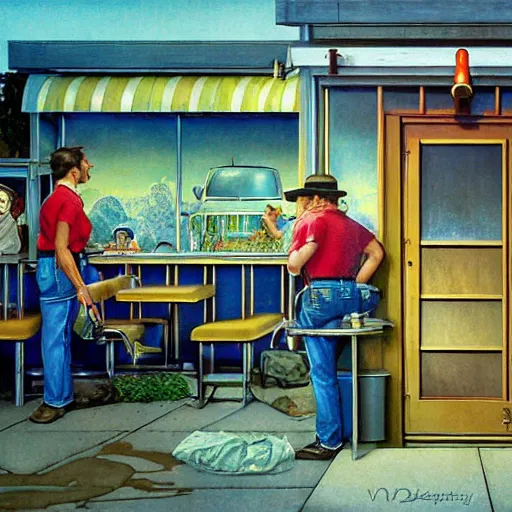 Image similar to a roadside diner open since the 7 0 s in ohio : with free coffee refills, daily specials, and a door you must never open, high quality high detail art by david mattingly and norman rockwell and nc wyeth, hd, realistic, photorealistic lighting, modern supernatural horror.