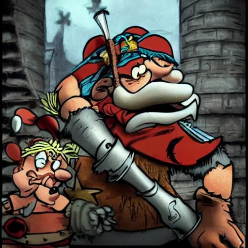 Prompt: Concept art of a gritty and realistic Asterix and Obelix noir film