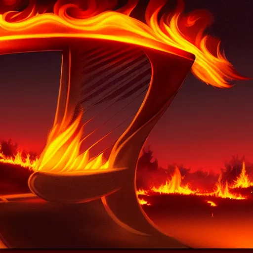 Image similar to in the lower part of the picture is the harp burning in the fire, above are cranes flying in flames, digital painting, concept art