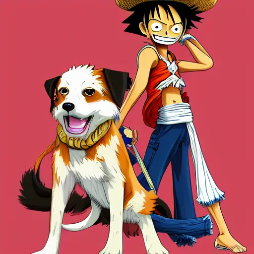 Image similar to luffy from one piece with an australian shepard, on artstation