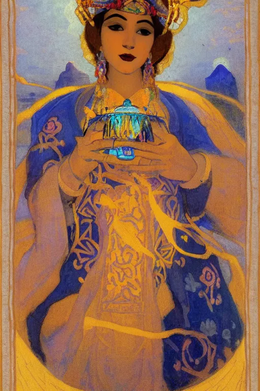 Image similar to queen of the dawn with her lantern and birds, by Nicholas Roerich and Gaston Bussière, elaborate headdress and embroidered velvet, iridescent beetles, rich color, dramatic cinematic lighting, extremely detailed