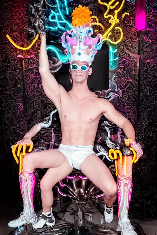 Prompt: full-body rococo and cyberpunk style neon statue of a muscular attractive Tanner Buchanan wearing cholo shades macho dotado e rico android sim roupa reclining con las piernas abertas e la piroca dura, ethereal white dripping tar, glowing orange lasers, pink tigers, glowing eyes, silver prince crown, black gears, pink diamonds, swirling mint-colored silk fabric. futuristic elements. full-length view. human skulls. large intricate artwork by caravaggio. Trending on artstation, octane render, cinematic lighting from the right, hyper realism, octane render, 8k, depth of field, 3D
