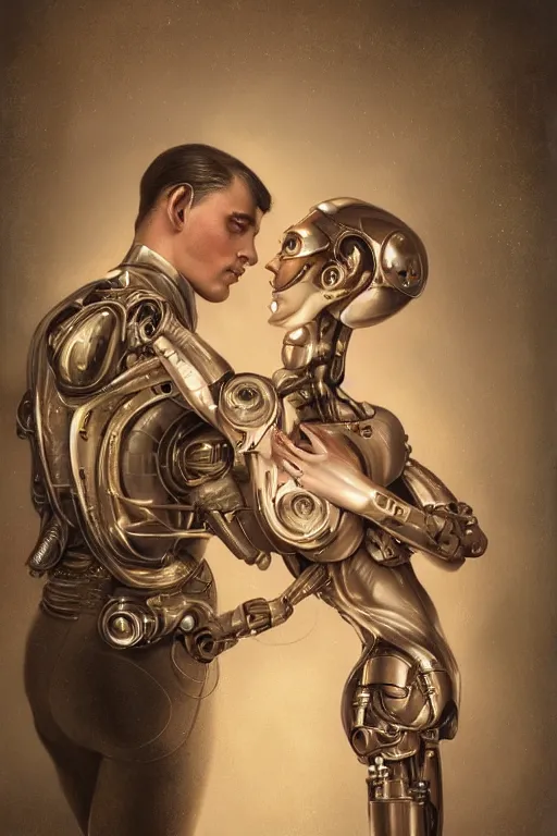 Prompt: a beautiful ultradetailed vintage photo of two cyborgs in a classic tango pose by tom bagshaw and anna dittman, couples portrait, vignette, 2 4 mm lens, golden ratio composition, detailed faces, studio photography, very detailed, humanoids, industrial robots, artstation, 8 k, highly coherent