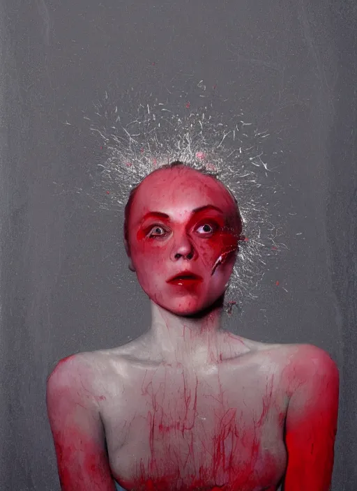 Prompt: portrait of annasophia robb standing on her knees, frozen cold stare, mouth open in shock and bliss, blood red background, transparent gray skirts, stockings, crows swarming trapped in the void as a symbol of death, in style of surrealism of Francis Bacon painting, Ilya Kuvshinov, John Singer Sargant, impasto textures of Chaim Soutine and Frank Auerbach, American Gothic, Japanese Gothic,