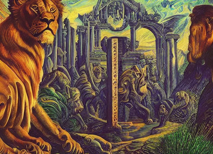 Image similar to “A surreal oil painting of an ancient temple guarded by lions, by Dan Mumford and Umberto Boccioni, open portals, realistic shading, complimentary colors, vivid colors, aesthetically pleasing composition, masterpiece, 4k, 8k, ultra realistic, super realistic”