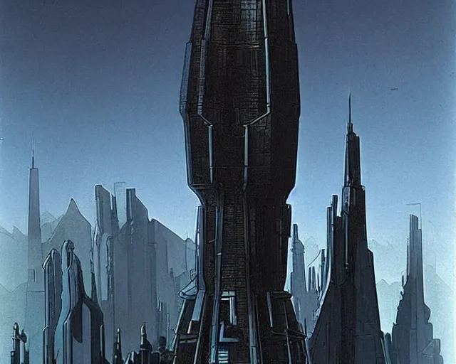 Image similar to An evil imposing tower, sc-fi, futuristic, matte painting, Moebius
